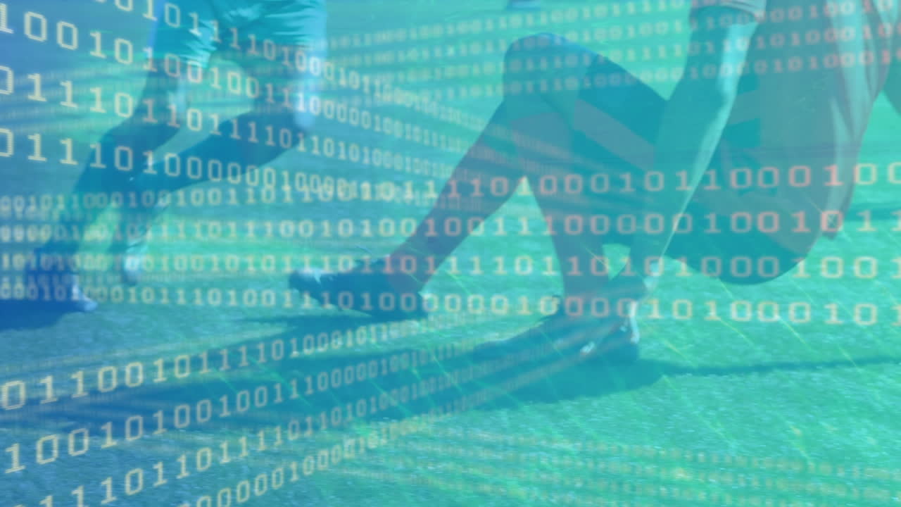 Animation of binary coding over diverse male soccer players playing at stadium