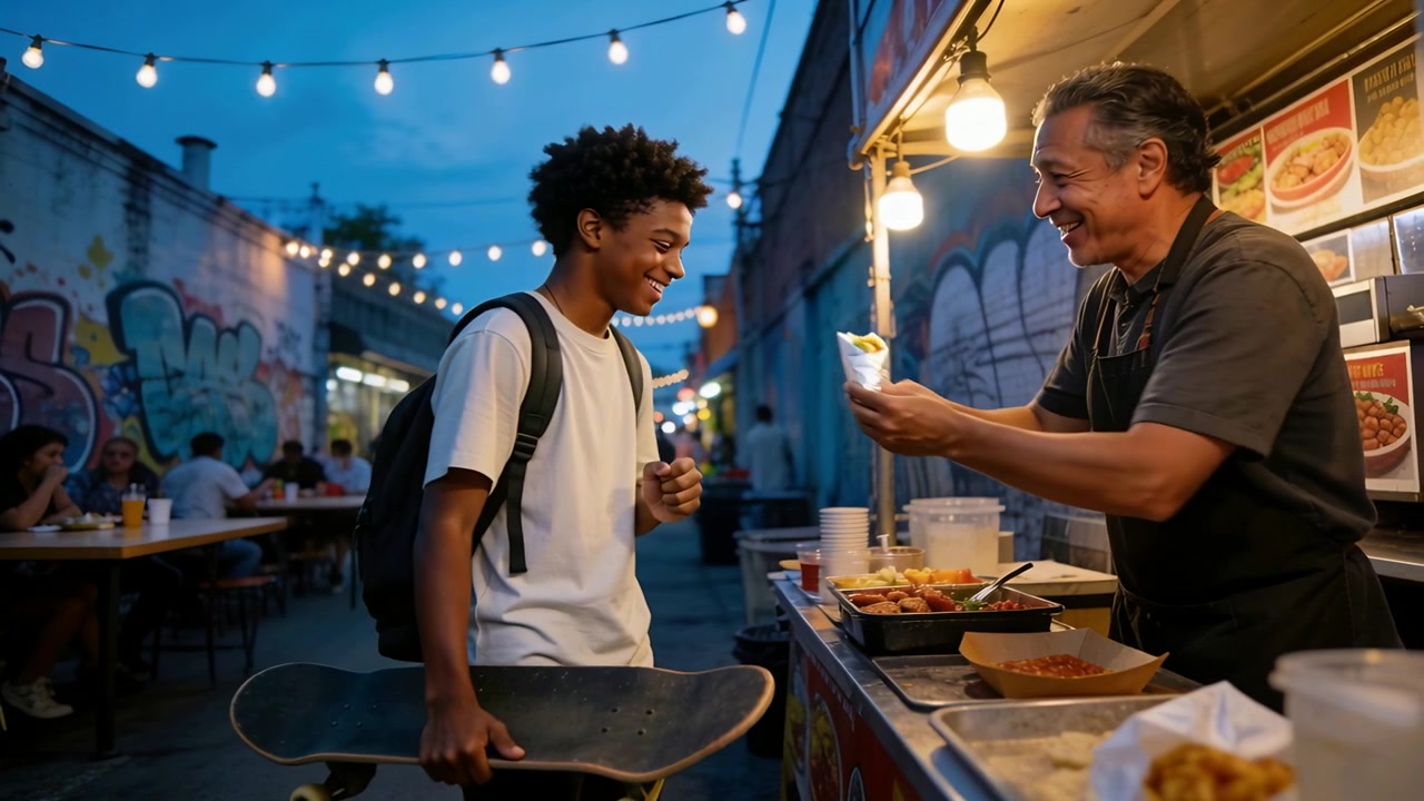 Smiling vendor offering wrapped snack, teen taking to eat with skateboard and white tee in alley