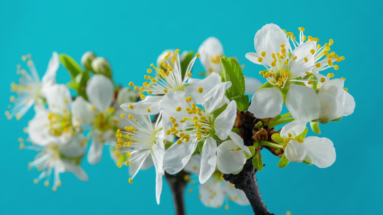 las flores de primavera. las flores de ciruela en una rama de ciruelas florecen sobre un fondo azul. video de lapso de tiempo 4k.