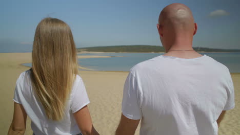 back view of couple walking on beach together