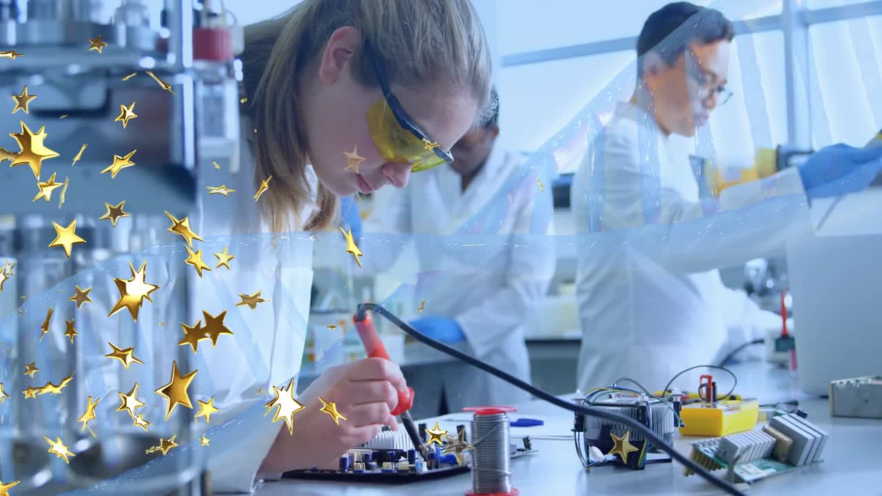 Kvindelig forsker lodder printplade i elektroniklaboratorium, gyldne stjerner svæver hen over bænken.