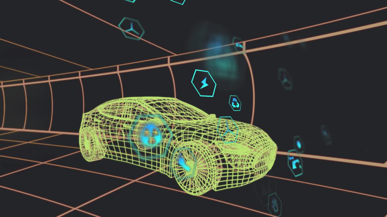 Icons drifting into view orbiting wireframe sedan in orange grid showcasing emissions metrics