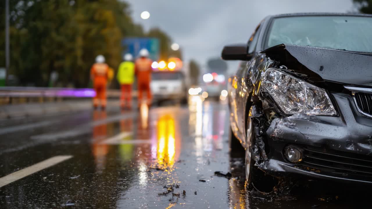 Scena di grave incidente stradale con veicolo danneggiato, soccorritori e condizioni autostradali piovose, ripresa in due fotogrammi consecutivi