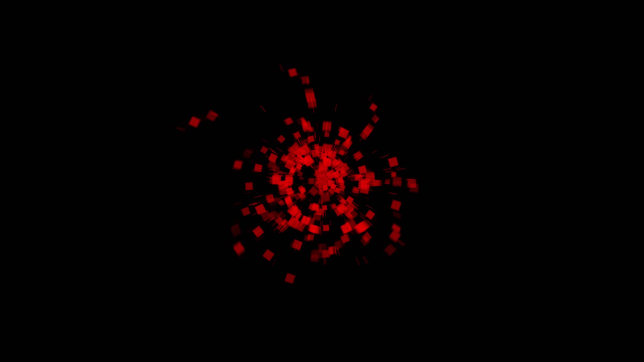A cluster of glowing red square particles expands from center on isolated black background. Abstract motion graphic for technology, data, or event visuals. Seamlessly looped explosion effect