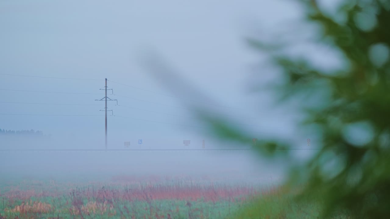 Focus pull through morning haze shows road shoulder and power pole in Latvia