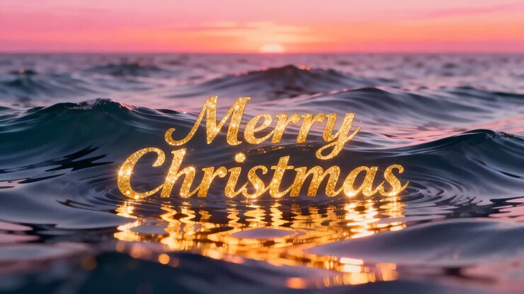 Glittering gold 'Merry Christmas' text floating above sea at sunset, waves shifting reflection