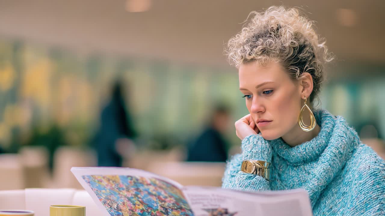 Eftertænksomt øjeblik: En ung kvinde med krøllet hår iført en hyggelig sweater nyder at læse et farverigt magasin, mens hun sidder i et lyst, moderne café-miljø.
