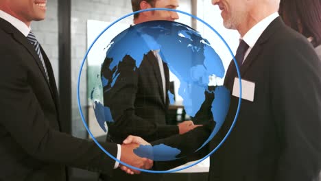 animation of globe over businessman handshake