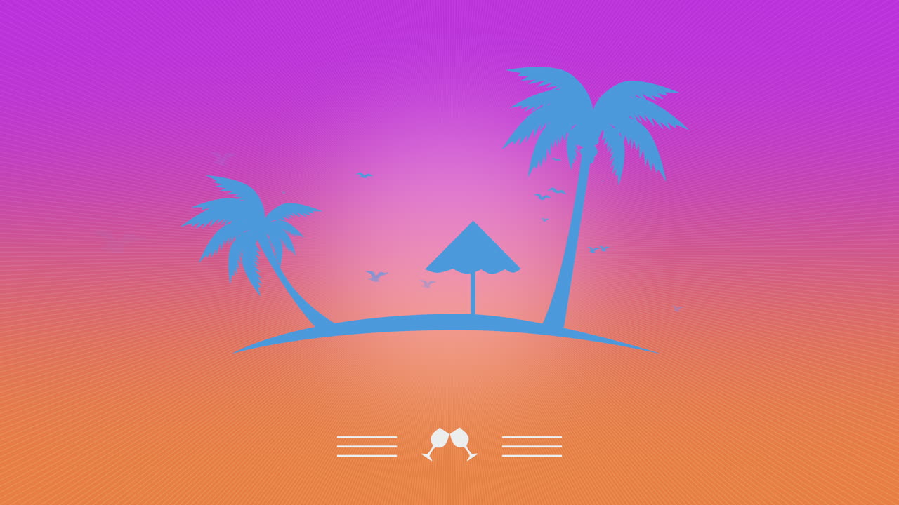 석양에 날아다니는 새와 열대 야자수