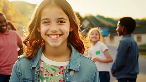 una joven sonríe feliz con sus amigos