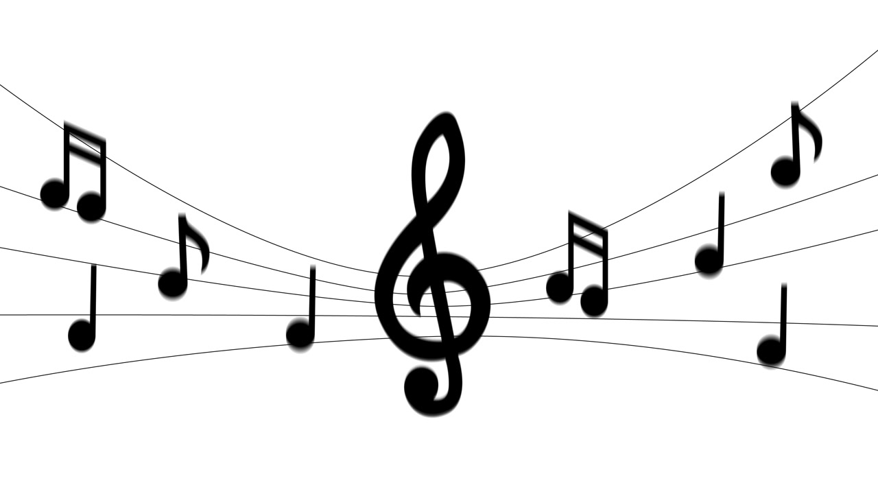 Animerede musiknoder og en diskantnøgle på en hvid nodelinje