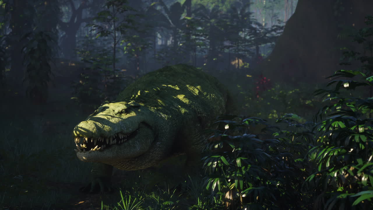 Crocodile lurking in dense tropical vegetation at dawn in the wild