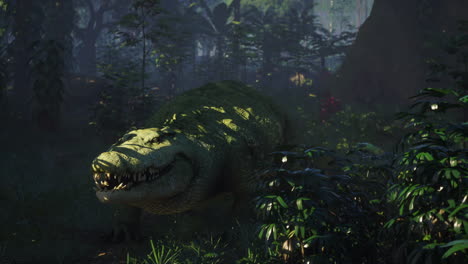 crocodile lurking in dense tropical vegetation at dawn in the wild