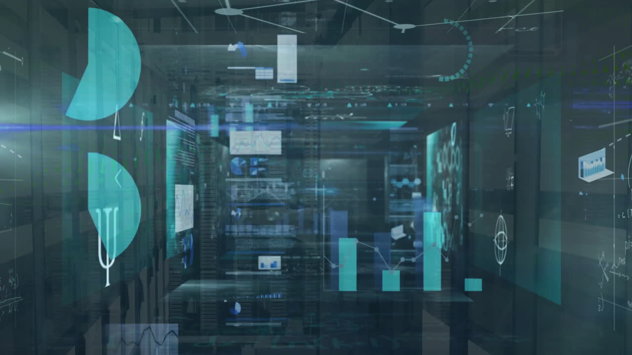 animación del procesamiento de datos y diagramas sobre la sala del servidor