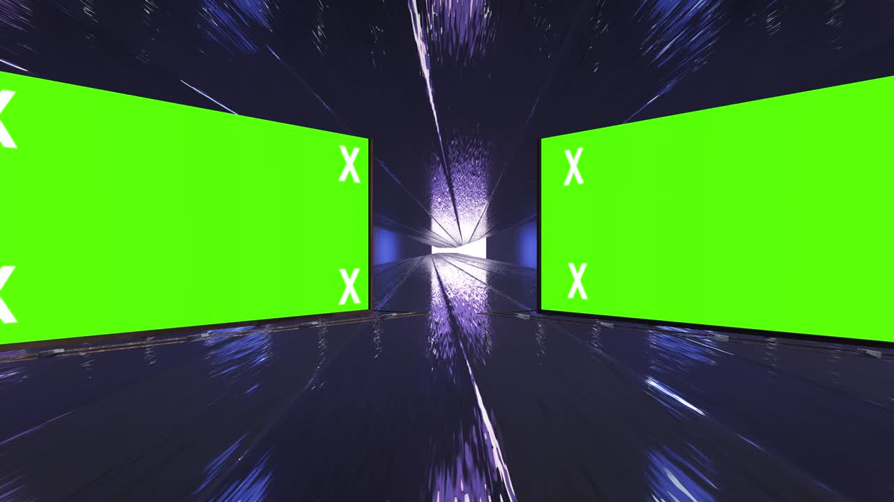 추상적인 크리에이티브 터널 및 그린 스크린 알파 채널 광고판 모형: 네온, 파란색 보라색 led 바 및 기술, sf, 미래의 사이버 크, 빈 프레임으로 3d 렌더링