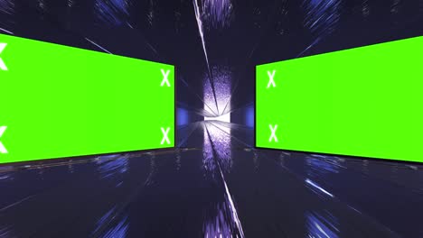 túnel creativo abstracto y pantalla verde modelo de cartelera del canal alfa. neón, bares y tecnología de led púrpura azul, ciencia ficción, renderizado cyberpunk futurista en 3d con marco en blanco.