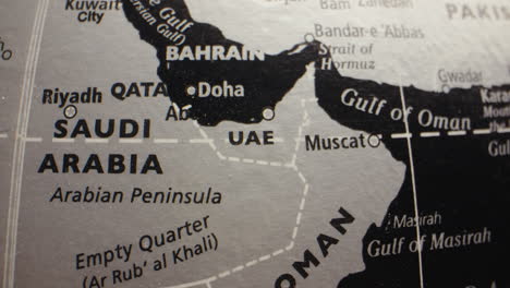 close-up of a map showing the arabian peninsula and gulf region
