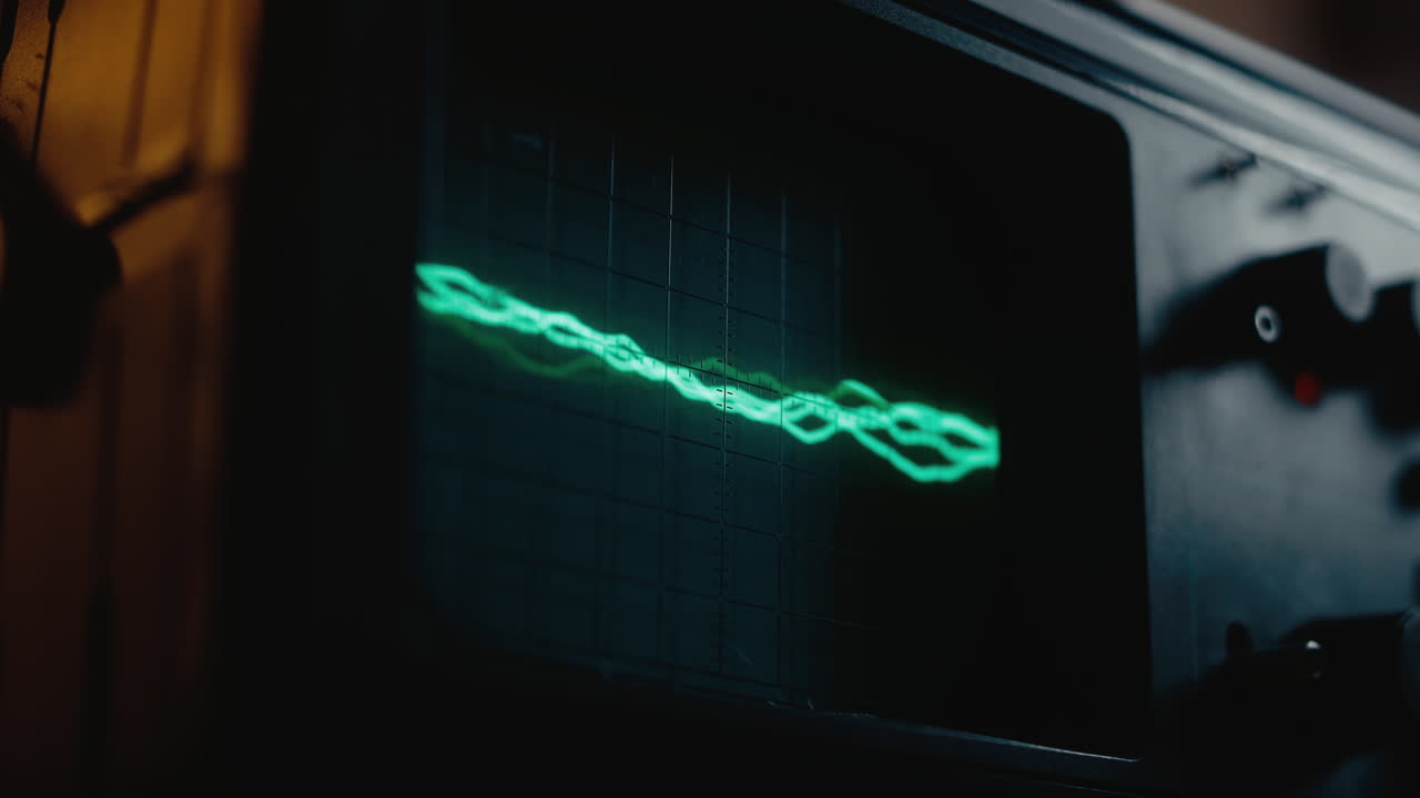 Oscilloscope receiving signal, glitches, with green line ondulating. Cinematic beautiful light.
