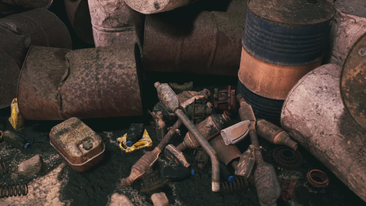 Piled scrap metal and barrels in a neglected industrial area during daylight