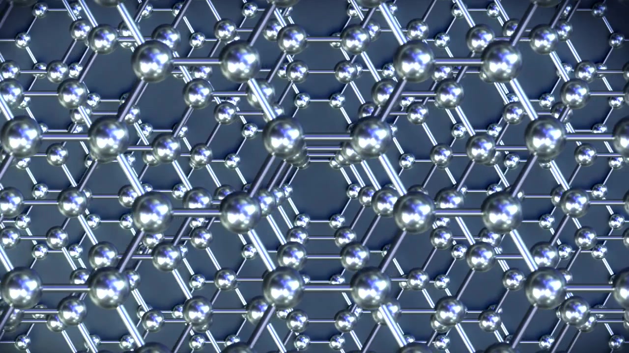 Loop di stack di grafene orizzontale cromato. Questa animazione 3D di nanotecnologia rappresenta l'ingegneria a livello molecolare