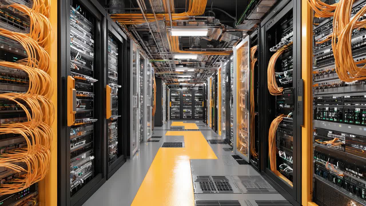 Exploring the Intricate Design of a High-Tech Data Center with Rows of Network Racks and Extensive Cabling for Optimal Data Management and Connectivity Solutions