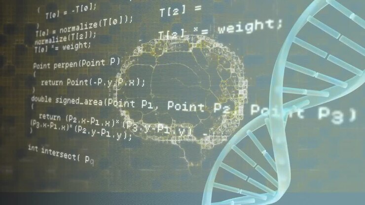 Animation of dna strand and human brain over data processing