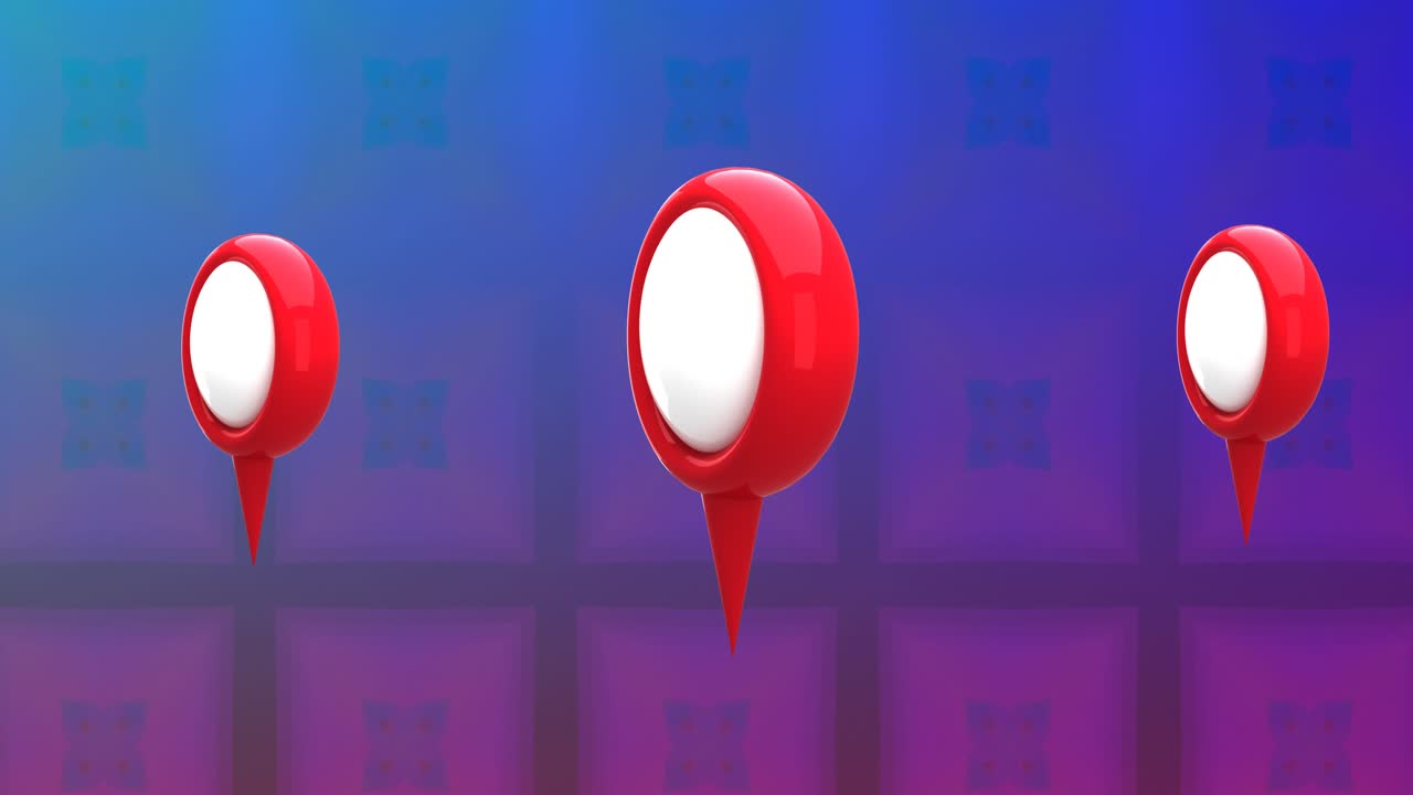 Animation of location marks over blue and pink background