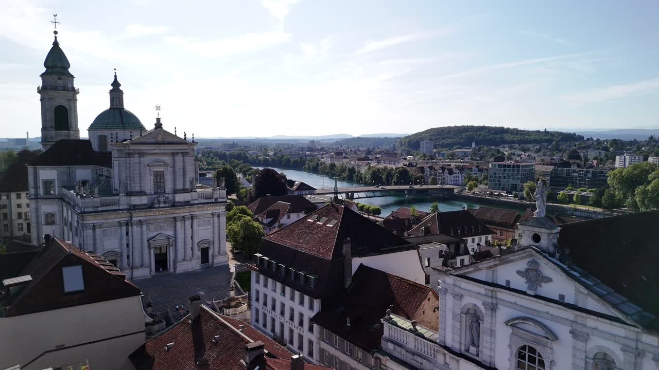 Solothurn Switzerland medieval baroque town square Aare river aerial drone city