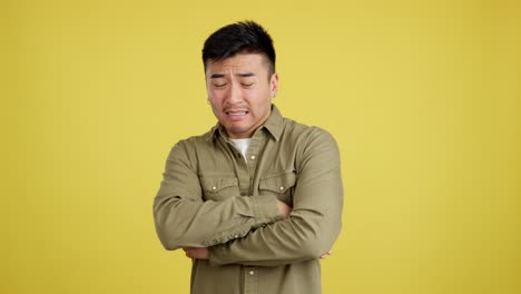 asian man expressing various negative emotions on yellow background