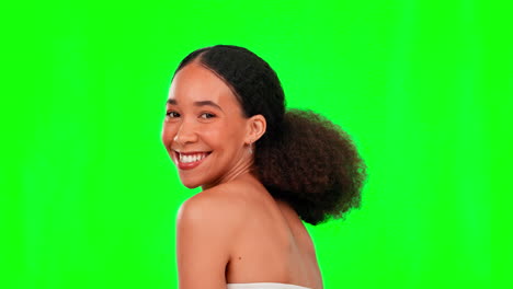 happy, skincare and face of woman on green screen