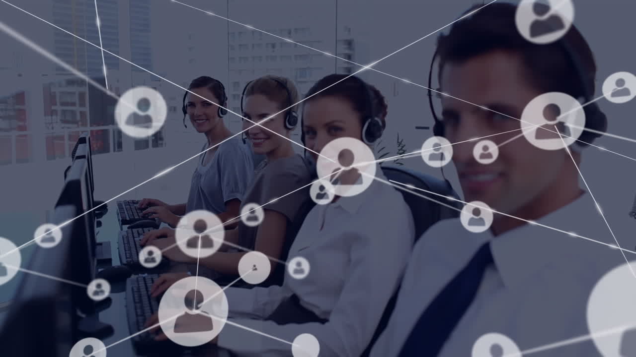 Animation of network of connection with icons over business people wearing phone headsets
