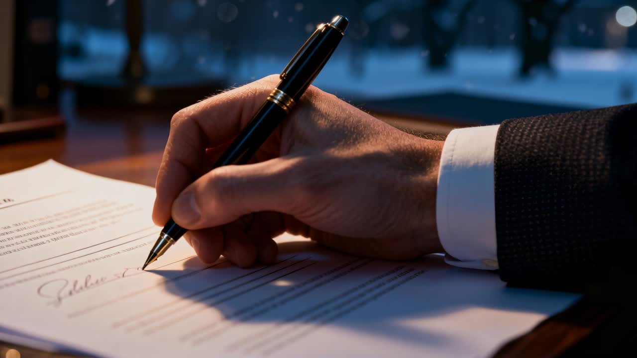 Mano destra in abito scuro che firma alla scrivania, guidando una penna nera con finiture dorate che tocca la riga, siglando il contratto.