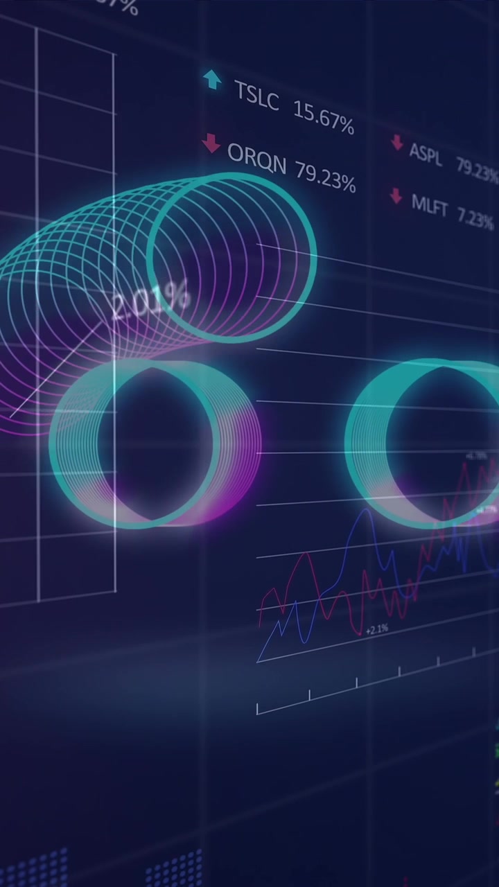 Animation of neon spiral shapes in seamless pattern over statistical, stock market data processing