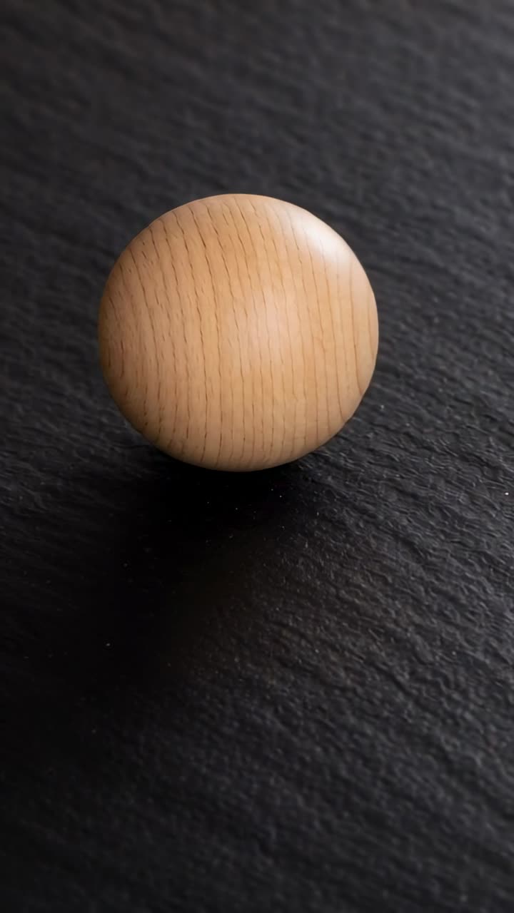 Vertical video: Rolling wooden ball right after nudge across dark slate to center, with shadow