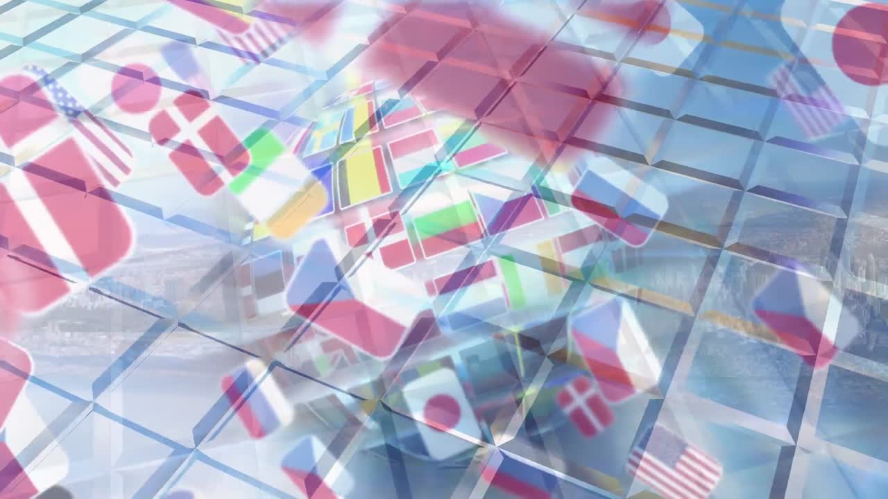 유럽 국가의  ⁇ 발과 세계  ⁇ 발의 지구상, 도시 풍경 위의 격자 애니메이션