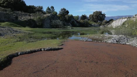 Vuelo-En-Una-Zona-Represada-Con-Agua-Y-Comienza-Con-Una-Zona-De-Algas-Rojas-Y-Pasa-A-Otra-Zona-Con-Agua-Clara-Y-Plantas-Acuáticas-Hasta-Llegar-Al-Final-De-Las-Paredes-Rayadas-En-Avila-España