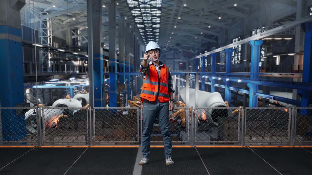 Full Body Of Asian Male Engineer With Safety Helmet Standing In Factory Manufacture of Wind Turbines. Smiling And Touching His Chest Then Pointing At You While Robotic Arm Working
