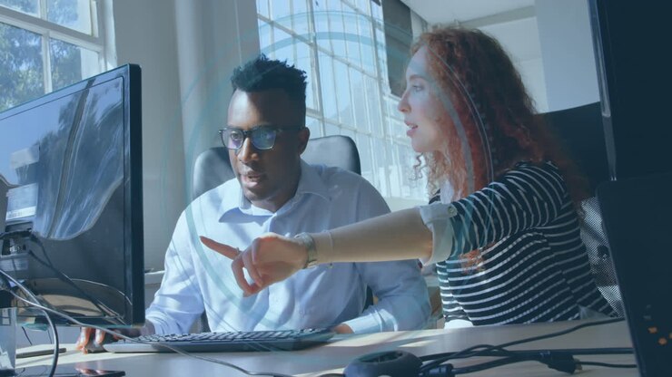 Animation of scope scanning over diverse business people