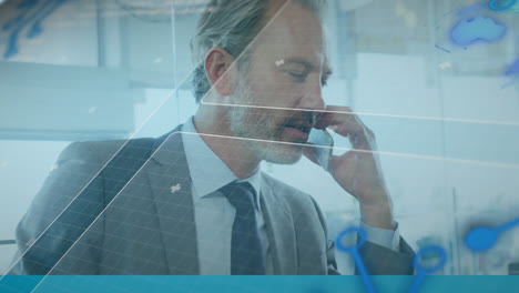animation of interface with data processing over caucasian man talking on smartphone at an airport