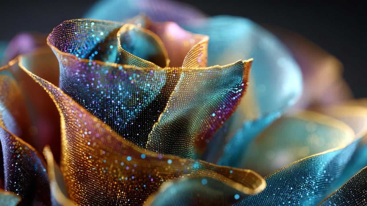 A Stunning Close-Up of an Iridescent Rose, Featuring Dazzling Multicolored Petals and Sparkling Glitter Effects, Captured in a Rich, Textured Detail Against a Dark Background
