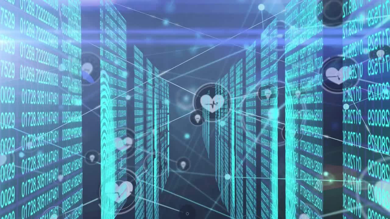 Video of connections with heart shape icons with computer coding in background