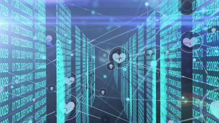 Video of connections with heart shape icons with computer coding in background