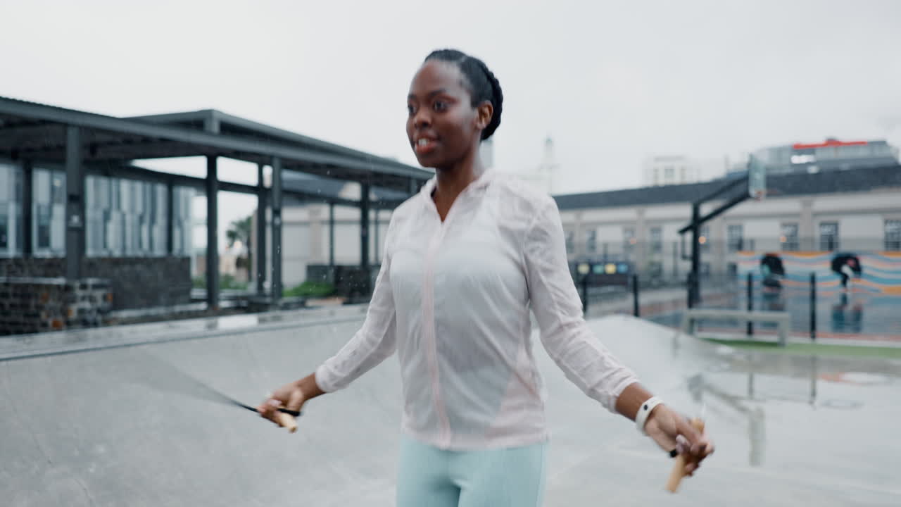 Black woman, fitness and skipping rope in city