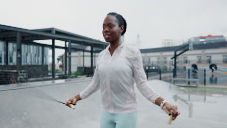 Black-woman,-fitness-and-skipping-rope-in-city