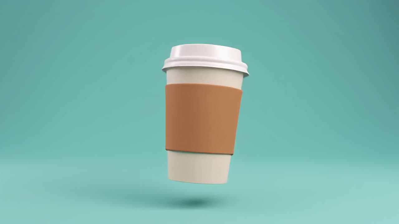 Tazza di caffè animata in 3D che ruota su uno sfondo color ottanio