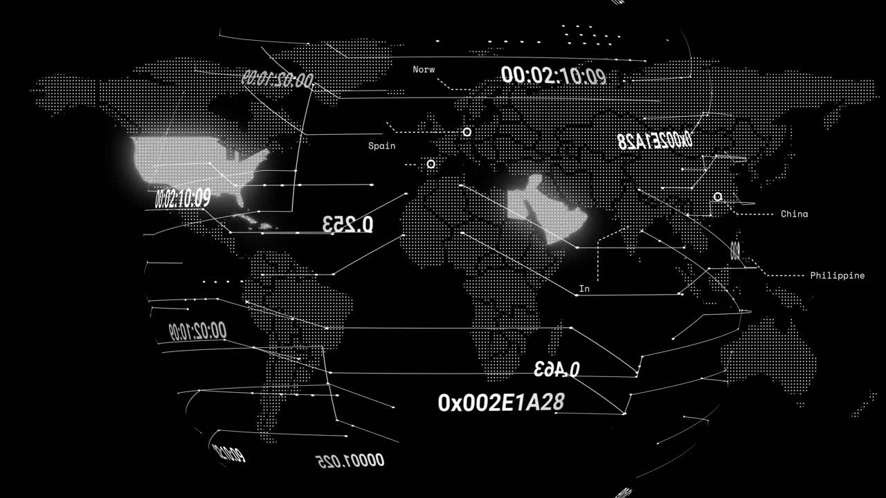 Animation of data processing and world map on black background