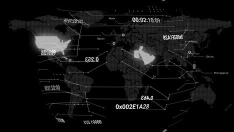 animación del procesamiento de datos y el mapa del mundo sobre fondo negro