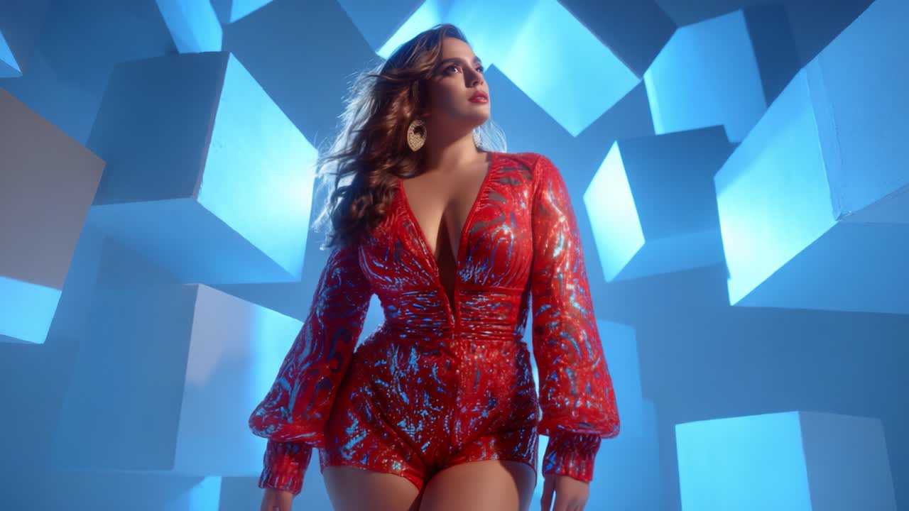 A striking model in a dazzling red outfit commands attention amidst a modern, geometric backdrop of blue-lit cubes, showcasing confidence and captivating allure in this stunning visual display