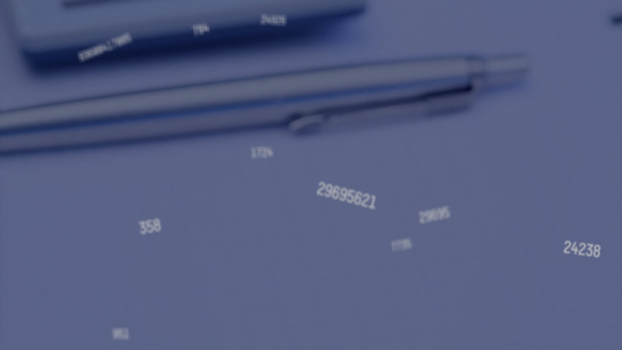 Multiple changing numbers falling against spinning calculator pen and diary