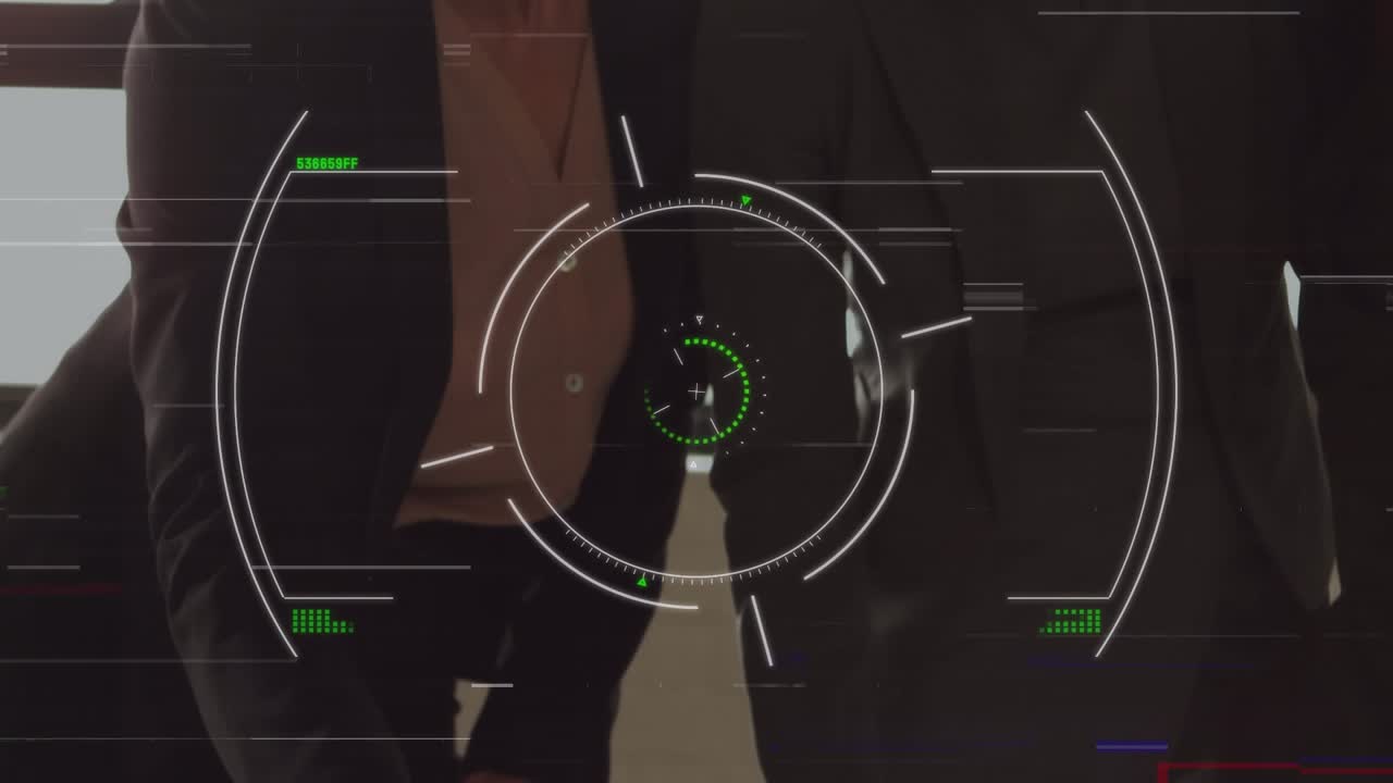 Animation of data processing over diverse business people in office